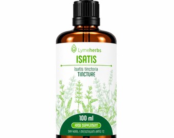 May include: A brown glass dropper bottle containing Isatis tinctoria tincture. The white label features the text Lymeherbs, ISATIS, Isatis tinctoria TINCTURE, 100 ml, FOOD SUPPLEMENT, and DRY HERB / MENSTRUUM RATIO 1:2 with green botanical illustrations.