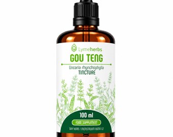 May include: A 100 ml amber glass bottle with a black dropper cap containing Gou Teng Uncaria rhynchophylla tincture. The white label features green text, a leaf logo, and a botanical illustration of herbs, labeled as a food supplement.