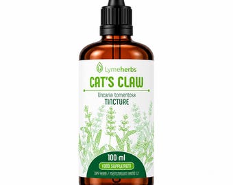 May include: A brown glass dropper bottle containing Cat's Claw Uncaria tomentosa tincture. The white label features green text, a leaf logo, botanical illustrations, and states 100 ml, food supplement, and dry herb / menstruum ratio 1:2.