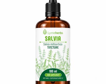 May include: A 100 ml amber glass bottle with a black dropper cap containing Salvia miltiorrhiza tincture. The white label features the Lymeherbs logo, green botanical illustrations, and text including Salvia, Salvia miltiorrhiza, and food supplement.