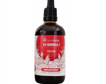 May include: A brown glass bottle with a dropper top, labeled "Lymeherbs CV Formula 3 Tincture". The label is red with white text and a floral design. It is a food supplement with a dry herb to menstruum ratio of 1:5.