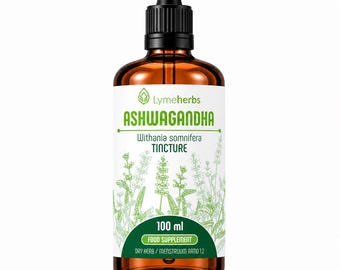 May include: An amber glass bottle with a black dropper cap containing Ashwagandha Withania somnifera tincture. The white label features green text, a leaf logo, botanical illustrations, and states 100 ml food supplement, dry herb/menstruum ratio 1:2.