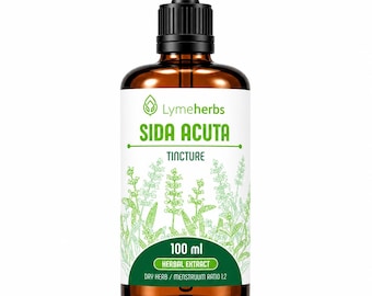 May include: A 100 ml amber glass bottle with a black dropper cap containing Sida Acuta tincture. The white label features a green leaf logo, the text Lymeherbs, Sida Acuta, Tincture, Herbal Extract, and Dry Herb / Menstruum Ratio 1:2 with plant art.