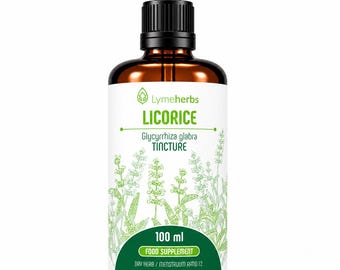May include: A 100 ml amber glass bottle with a black dropper cap, featuring a white label with green text and botanical illustrations. The label reads Lymeherbs, LICORICE, Glycyrrhiza glabra TINCTURE, 100 ml, FOOD SUPPLEMENT, DRY HERB / MENSTRUUM RATIO 1:2.