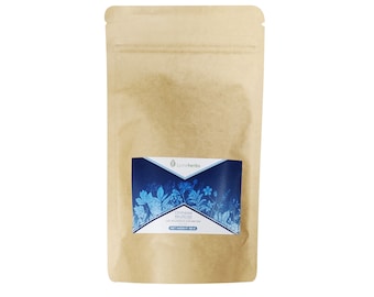 May include: A brown paper bag with a blue and white label that says "Lymeherbs Chinese Skullcap" and "Net Weight 50g". The label has a floral design.