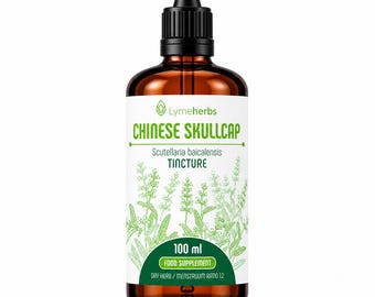 May include: A 100 ml amber glass bottle with a black dropper cap containing Chinese Skullcap tincture. The white label features the text Lymeherbs, CHINESE SKULLCAP, Scutellaria baicalensis, TINCTURE, 100 ml, FOOD SUPPLEMENT, and DRY HERB / MENSTRUUM RATIO 1:2.