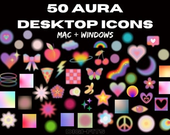 50 Desktop Icon Set / Folder Icons para Mac + Windows / Aura Aesthetic Retro Y2K Rainbow Space Cyber Egirl Cute Laptop Organize Computer