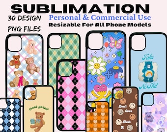 Diseños de sublimación de fundas de teléfono PNG / Y2K Groovy Smiley Argyle iPhone Samsung Estética Retro Preppy Teddy Bear Egirl Indie Comercial