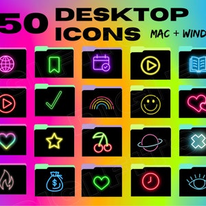 May include: A vibrant graphic featuring 150 desktop icons for Mac and Windows. Each icon is a neon-style design on a black folder, including a globe, bookmark, calendar, play button, book, checkmark, rainbow, smiley face, hearts, star, cherries, planet, and more.