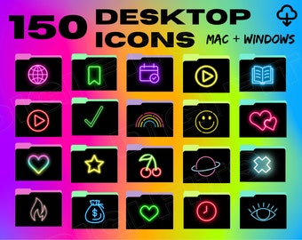 150 Icono de escritorio Set Negro Folder Icons para Mac + Windows / Neon Lights Aura Aesthetic Retro Y2K Space Cyber Egirl Laptop Organizar computadora