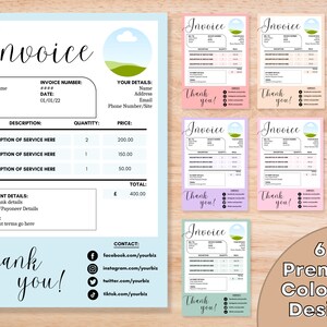 May include: Six premade invoice templates in different colors. Each template features a simple design with a green hill and a cloud, and the text "Thank you!" at the bottom. The templates are designed for businesses to create professional invoices.