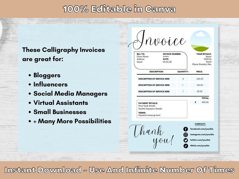 Invoice In Cursive Set of 6 Calligraphy Invoice Templates - 6 Premade Colours - Canva ...