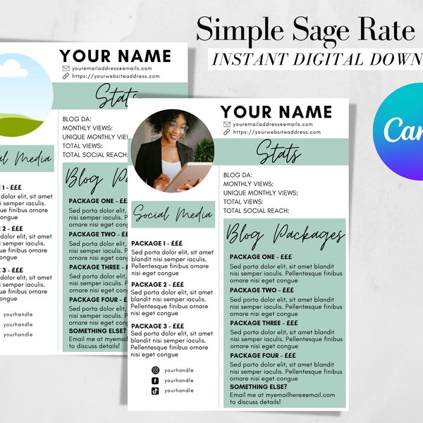 Blogger Rate Card - Canva Templates - Rate Card - Content Creators - Rate Card Template - Instant Download - Sage Green