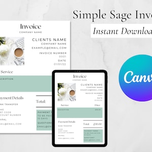 Könnte beinhalten: Eine digitale Rechnungsvorlage mit einem grün-weißen Farbschema. Die Vorlage enthält Abschnitte für die Leistungsbeschreibung, Zahlungsdetails und den Gesamtbetrag. Der Text "Simple Sage Invoice" und "Sofort-Download" wird oben auf der Vorlage angezeigt.