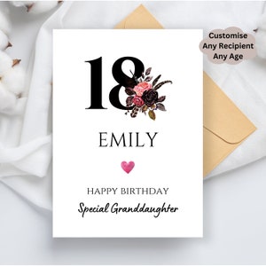 Carte de 18 ans personnalisée pour fille nièce, petite-fille, filleule, nièce, cousine et soeur, floral, 18 ans, anniversaire, 18 ans