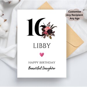 Carte de 16 ans personnalisée pour fille nièce, petite-fille, filleule nièce cousine soeur, floral, 16 ans, anniversaire, 16 ans