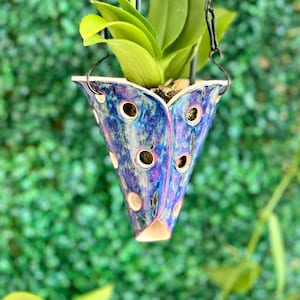 Pre-Order Midnight Rain Small ceramic hanging orchid plant planter pot mount, aerated orchid pottery with holes