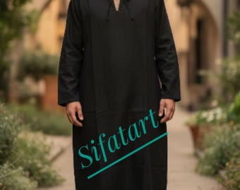 Men's Linen Kaftan Tunic - Comfortable Black Long Shirt