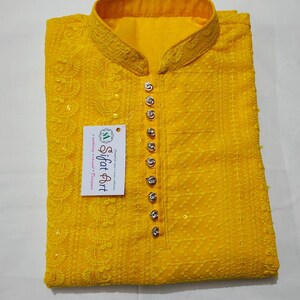 Ensemble kurta georgette motif cachemire jaune d&#39;été pour homme, coupe classique chikankari pour homme, kurta brodé pour homme, kurta ethnique pour homme/kurta de mariage pour homme