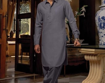 Men's Gray Pathani Salwar Kameez: Handmade Cotton Kurta Pajama Set
