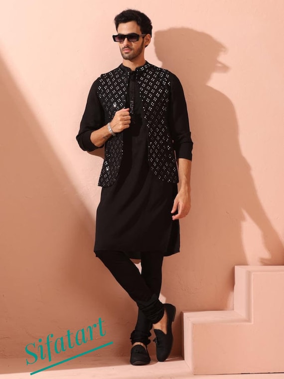 Men's Black Cotton Kurta Pyjama With Mirror Work Nehru Jacket