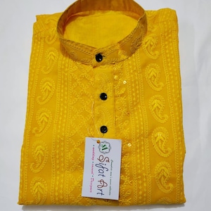 Ensemble georgette motif cachemire georgette jaune d&#39;été Chikankari coupe classique pour homme, kimono kurta brodé pour homme, Lucknowi kurta pour homme/kurta de mariage pour homme