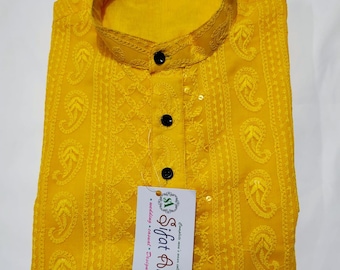 Yellow Paisley Chikankari Cotton Kurta Set: Mens Embroidered Lucknowi Suit