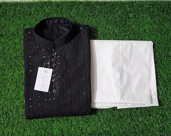 Men's Black Cotton Chikankari Kurta Set: Embroidered Paisley Design