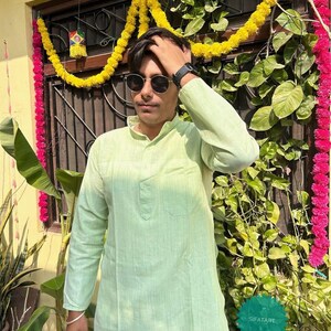 Kurta india de algodón hecha a mano: ropa tradicional masculina de color azul rey