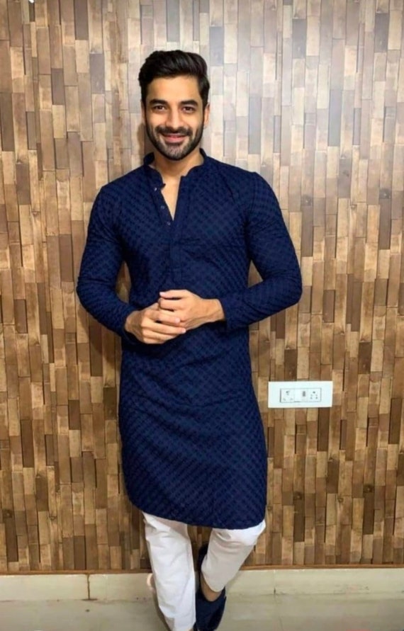 Men s Kurta Chicken Embroidery Work Kurta Pajama Set Cotton