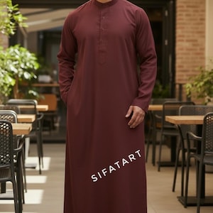 Thobe de algodón orgánico granate para hombre: Hajj Umrah Thawb Kaftan