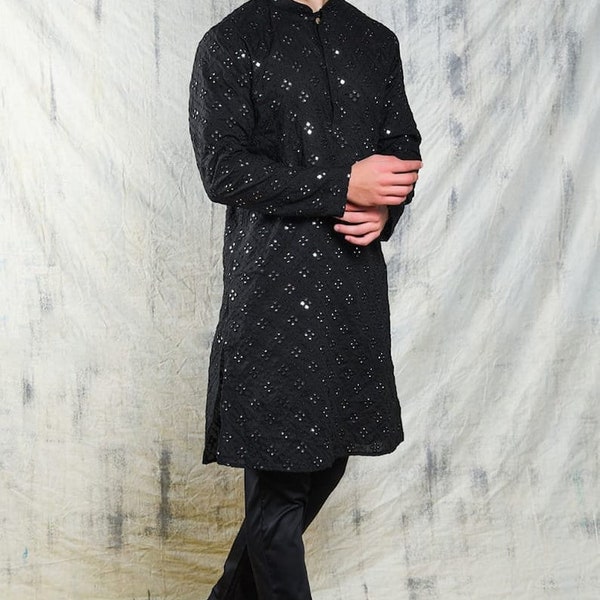 100% Pure Georgette Mirror Work Embroidered Kurta Pajama For Men Indian Kurta Pajama For Functions Designer Kurta Sherwani Made To Order