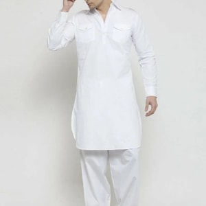 Men' White Cotton Afghani Traditional Long Shalwar Kameez Set for Men W