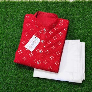 Red Cotton Chikankari Kurta Pajama Set: Mirror Work Embroidered