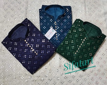 Herren schwere Chikankari Spiegelarbeit Kurta Pyjama: Indisches Hochzeitsoutfit