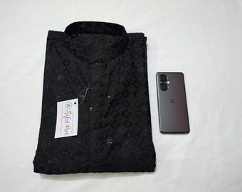Black Chikankari Kurta Pajama Set: Mirror Work Indian Wedding Outfit