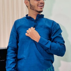 Kurta corta de algodón hecha a mano: ropa india para hombre, caftán azul