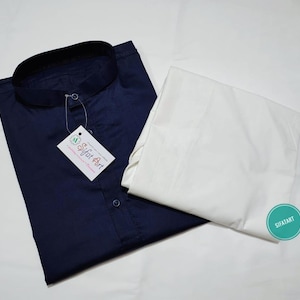 Handmade Men&#39;s Navy Blue Kurta Shalwar Suit: Cotton Party Wear