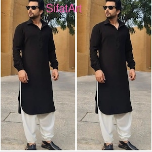 Men's Kurta With Shalwar Suit Handmade Top With Pants Set, Party Wear Kurta,kameez Salwar white Set,Solid Color Black Plus size Available