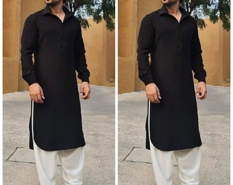 Kurta para hombre con traje Shalwar top hecho a mano con conjunto de pantalones, ropa de fiesta Kurta, conjunto blanco kameez Salwar, color sólido negro talla grande disponible