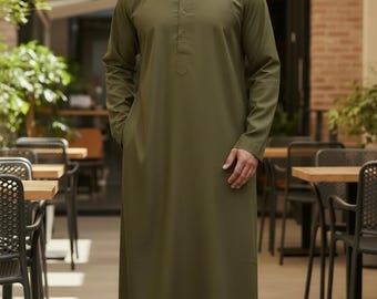 Men's Green Organic Cotton Thobe: Hajj Umrah Thawb Kaftan