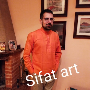 Men&#39;s short kurta, hand made kurta, indian kurta, short shirt kurta, kaftan kurta, indian wear, men&#39;s wear, indian men&#39;s orange colour