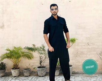 Ręcznie robiony bawełniany komplet Kurta Shalwar: męski komplet imprezowy