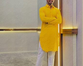 Men's Yellow Chikankari Kurta Pajama Set: Indian Wedding Outfit