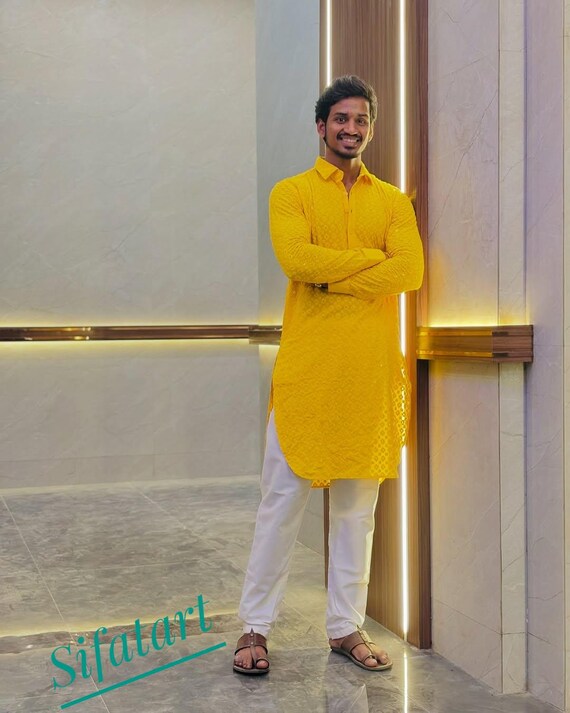 Men's Yellow Chikankari Kurta Pajama Set: Indian Wedding Outfit