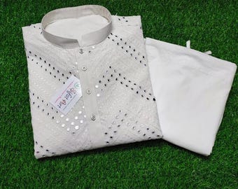 Embroidered Chikankari Kurta Pajama Set: Mirror Work Indian Tunic
