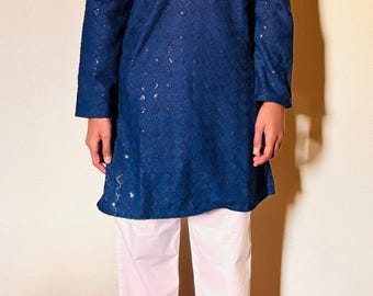 Men's Blue Chikankari Kurta Pajama Set: Mirror Work Embroidered Cotton