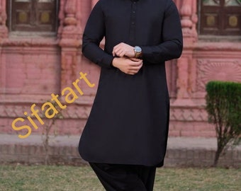 Men's Pathani Kurta,Handmade  Kurta, Panjabi Designer Gent's Kurta For Men's,Party Wear Kurta  Cotton Solid black  Color kameez Shalwar set