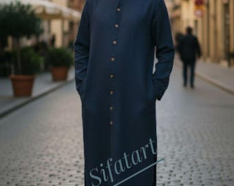 Men's Handmade Linen Kaftan Tunic - Comfortabl Black colour Long Shirt