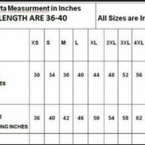 May include: A size chart for men's kurtas, showing measurements in inches for chest size and shirt chest size with loose fitting. The chart includes sizes from XS to 7XL.